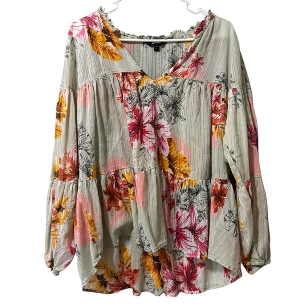 Express Women Size‎ Large Floral Tiered Blouse Lyocell Long Sleeve Cottagecore